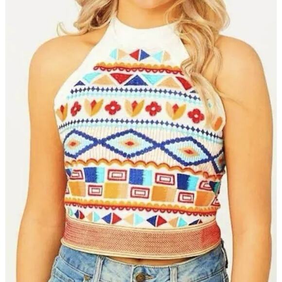 Altar'd State Women's Embroidered Aztec Halter Crop Top, Size XS, Fits Like S-M - Picture 1 of 11